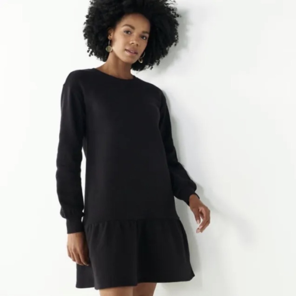 M1 Nine West Black Drop Waist Flounce‎ Shirt Dress Fleece Whimsigoth Witchy S